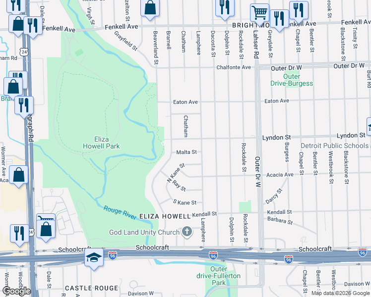 map of restaurants, bars, coffee shops, grocery stores, and more near 22520 Lyndon Street in Detroit