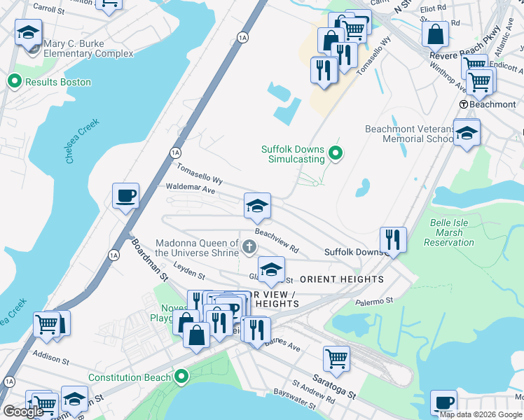 map of restaurants, bars, coffee shops, grocery stores, and more near 150 Waldemar Avenue in Boston
