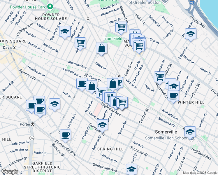 map of restaurants, bars, coffee shops, grocery stores, and more near 24 Princeton Street in Somerville