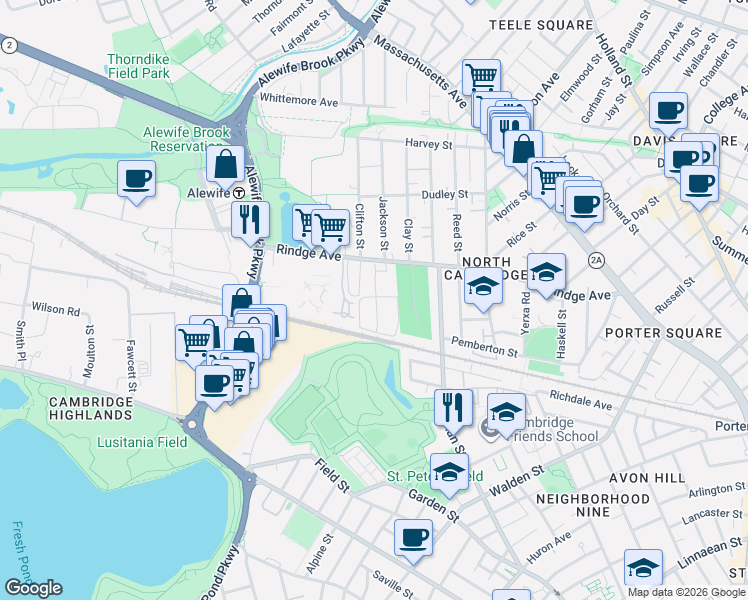 map of restaurants, bars, coffee shops, grocery stores, and more near 324 Rindge Avenue in Cambridge