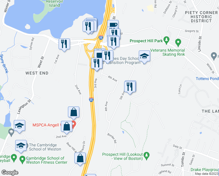 map of restaurants, bars, coffee shops, grocery stores, and more near 77 4th Avenue in Waltham