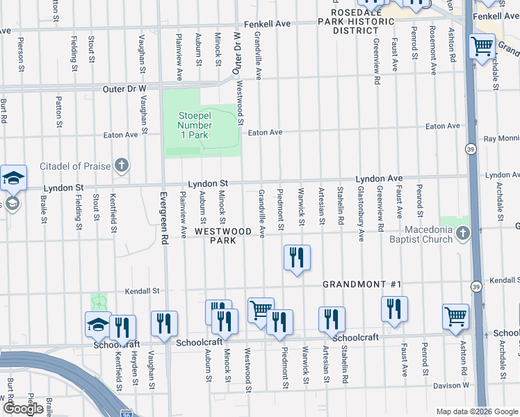 map of restaurants, bars, coffee shops, grocery stores, and more near 14424 Grandville Avenue in Detroit