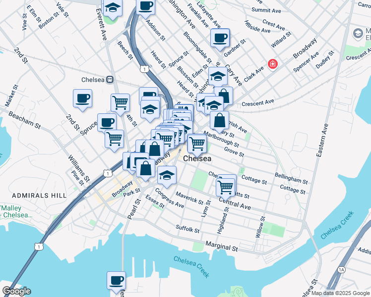 map of restaurants, bars, coffee shops, grocery stores, and more near 175 Hawthorne Street in Chelsea