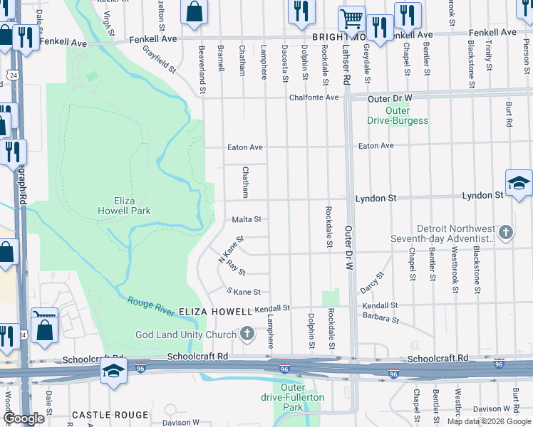 map of restaurants, bars, coffee shops, grocery stores, and more near 22431 Lyndon Street in Detroit