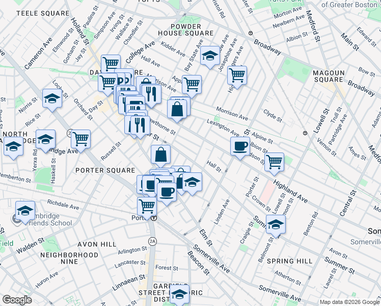 map of restaurants, bars, coffee shops, grocery stores, and more near 18 Charnwood Road in Somerville
