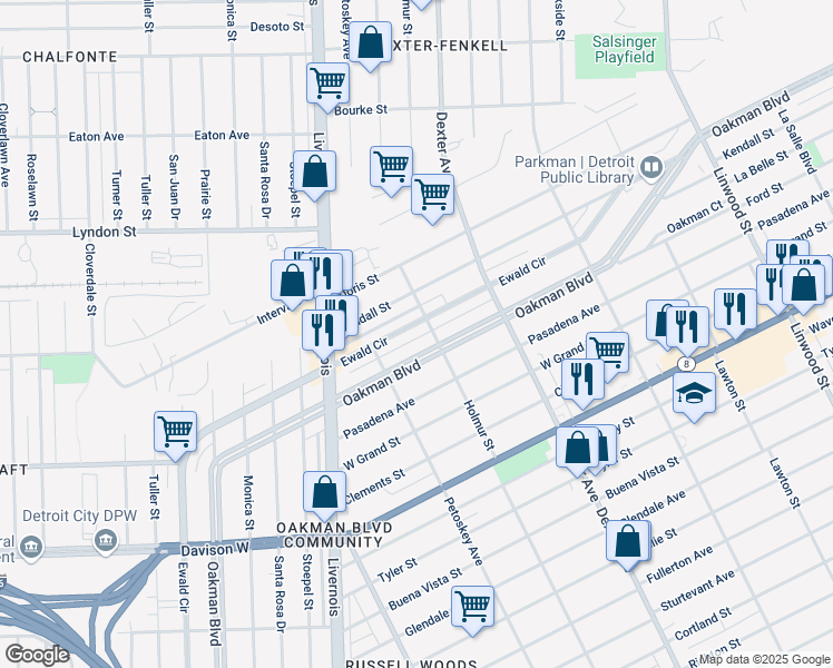 map of restaurants, bars, coffee shops, grocery stores, and more near 2371 Ewald Circle in Detroit