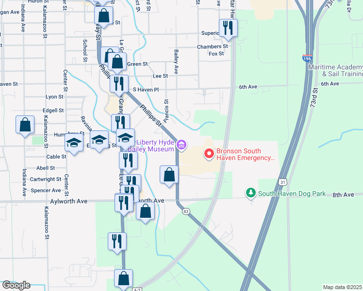 map of restaurants, bars, coffee shops, grocery stores, and more near 901 South Bailey Avenue in South Haven