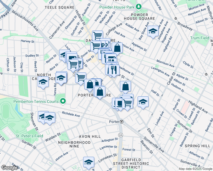 map of restaurants, bars, coffee shops, grocery stores, and more near 19 Tenney Street in Cambridge