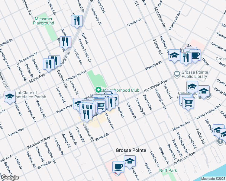 map of restaurants, bars, coffee shops, grocery stores, and more near 674 Neff Road in Grosse Pointe