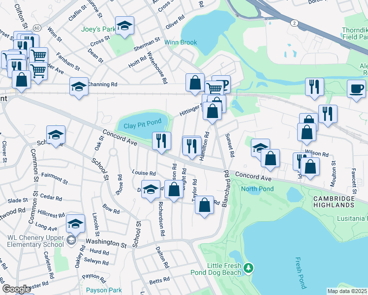 map of restaurants, bars, coffee shops, grocery stores, and more near 38 Trowbridge Street in Belmont