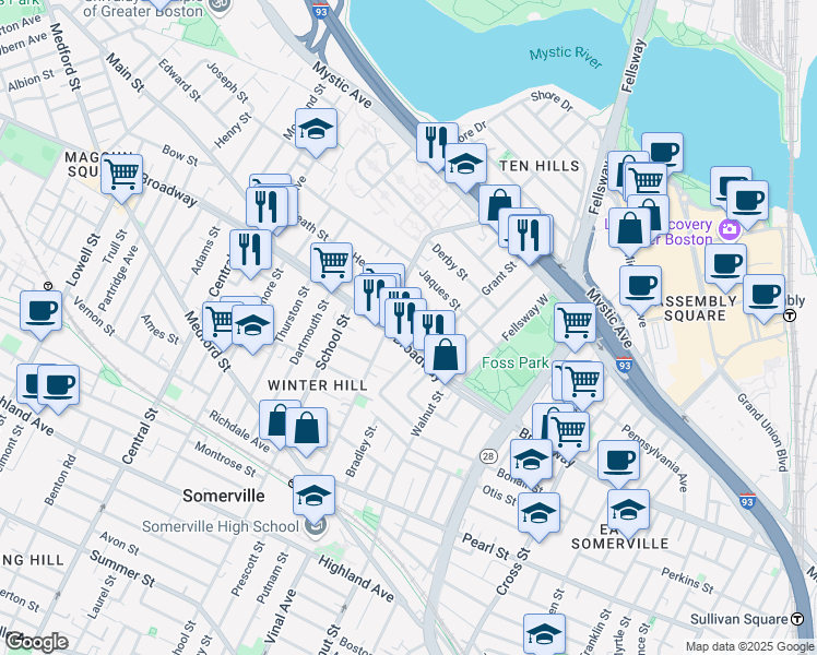 map of restaurants, bars, coffee shops, grocery stores, and more near 299 Broadway in Somerville