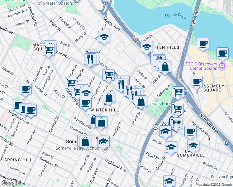 map of restaurants, bars, coffee shops, grocery stores, and more near 326 Broadway in Somerville