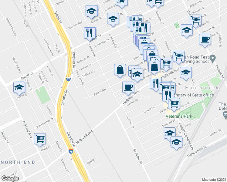 map of restaurants, bars, coffee shops, grocery stores, and more near 9428 Lumpkin Street in Hamtramck
