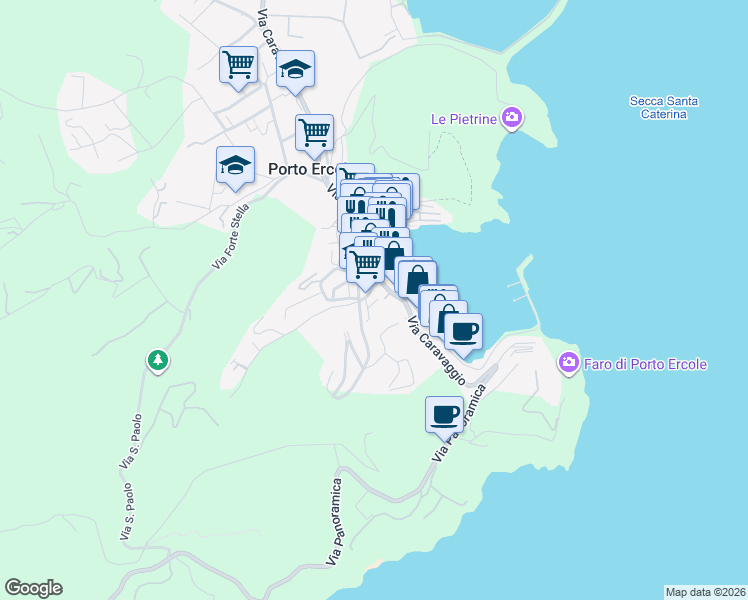 map of restaurants, bars, coffee shops, grocery stores, and more near 31 Via delle Buche in Porto Ercole