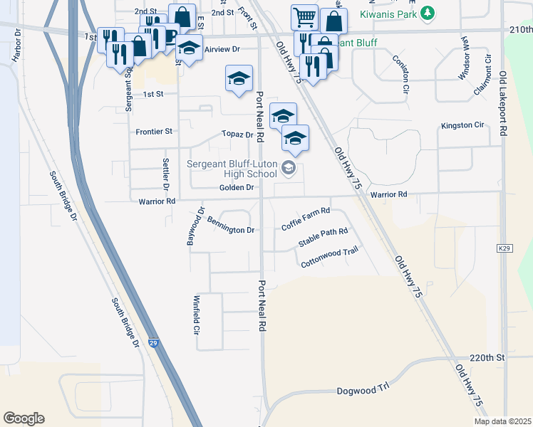 map of restaurants, bars, coffee shops, grocery stores, and more near 1101-1399 Port Neal Road in Sergeant Bluff