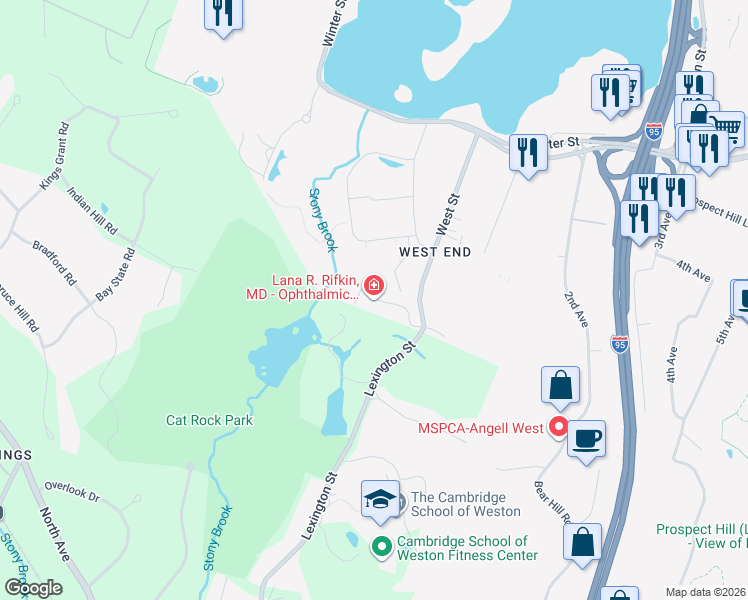 map of restaurants, bars, coffee shops, grocery stores, and more near 195 West Street in Waltham