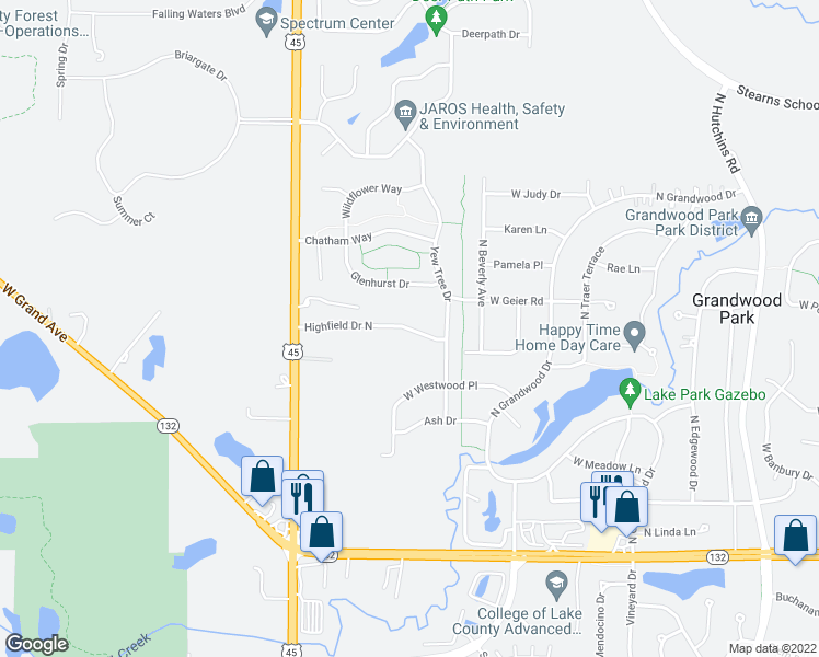 map of restaurants, bars, coffee shops, grocery stores, and more near 18768 Highfield Drive West in Lake Villa