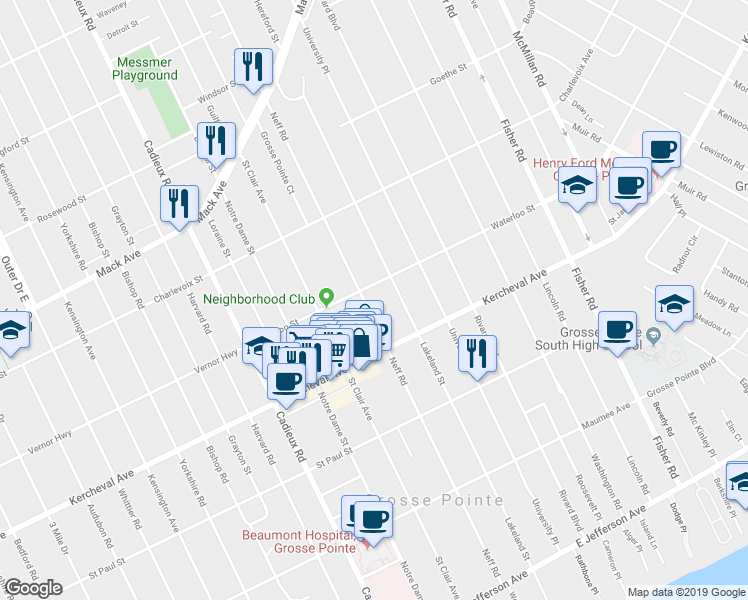 map of restaurants, bars, coffee shops, grocery stores, and more near 676 Neff Road in Grosse Pointe