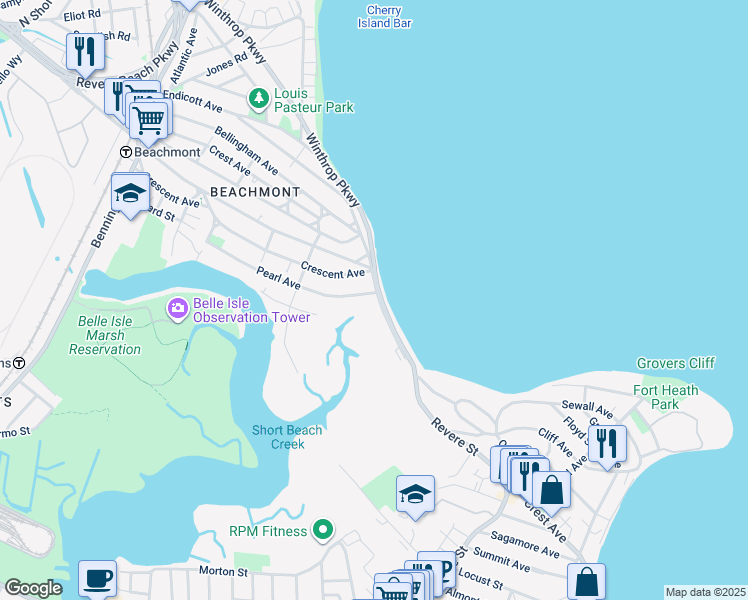 map of restaurants, bars, coffee shops, grocery stores, and more near 1069 Winthrop Avenue in Revere