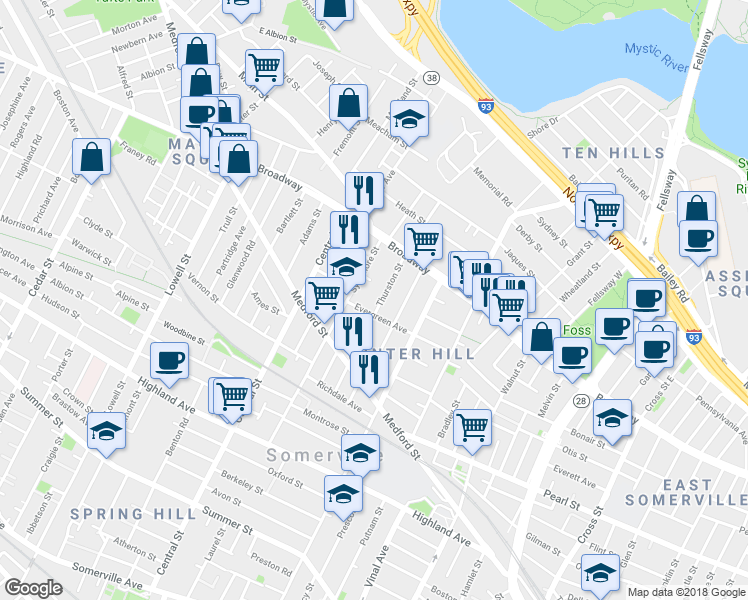 map of restaurants, bars, coffee shops, grocery stores, and more near 92 Thurston Street in Somerville