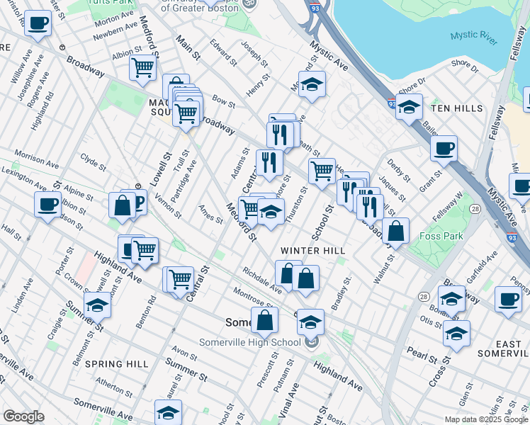 map of restaurants, bars, coffee shops, grocery stores, and more near 138 Sycamore Street in Somerville