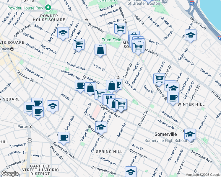 map of restaurants, bars, coffee shops, grocery stores, and more near 24 Princeton Street in Somerville
