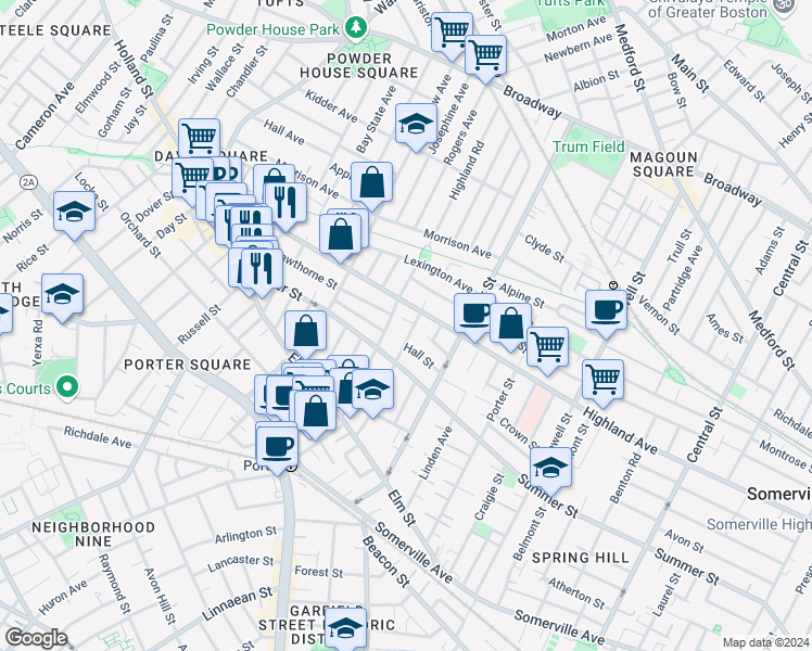 map of restaurants, bars, coffee shops, grocery stores, and more near 322 Highland Avenue in Somerville