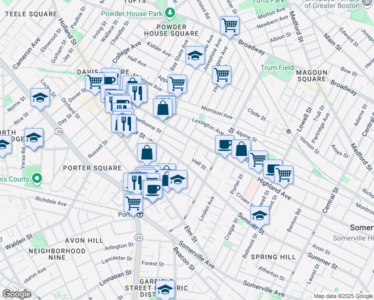 map of restaurants, bars, coffee shops, grocery stores, and more near 322 Highland Avenue in Somerville