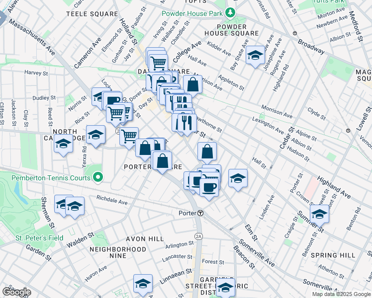 map of restaurants, bars, coffee shops, grocery stores, and more near 19 Tenney Street in Cambridge