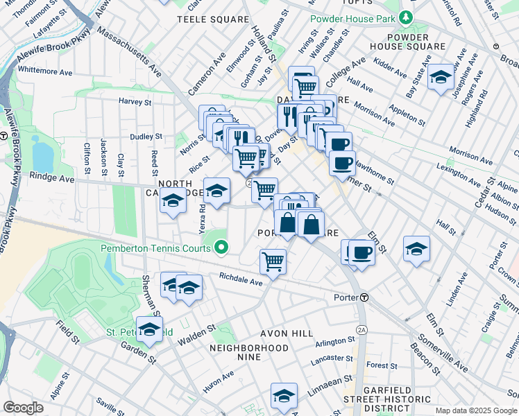 map of restaurants, bars, coffee shops, grocery stores, and more near 2192 Massachusetts Avenue in Cambridge