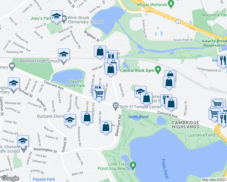 map of restaurants, bars, coffee shops, grocery stores, and more near 32 Colby Street in Belmont