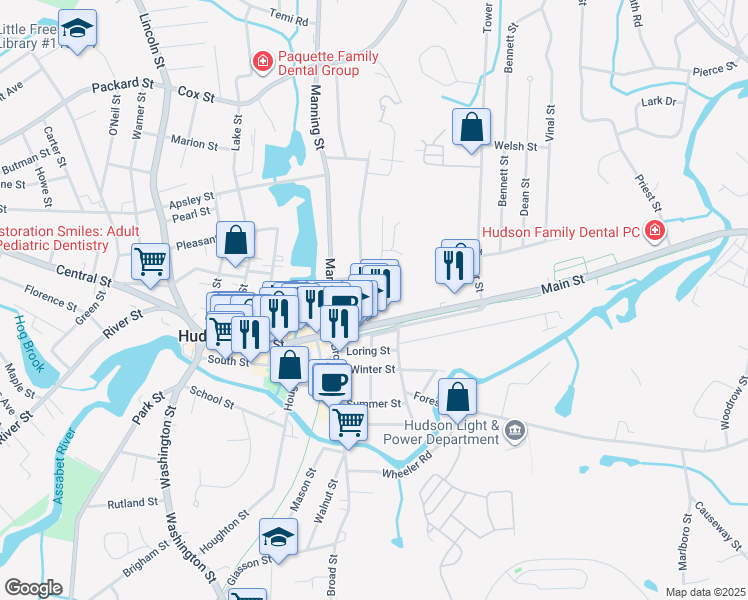 map of restaurants, bars, coffee shops, grocery stores, and more near 17 High Street in Hudson