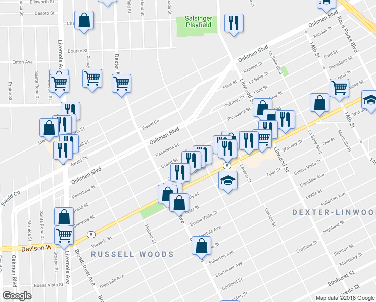 map of restaurants, bars, coffee shops, grocery stores, and more near 3252 Pasadena Street in Detroit