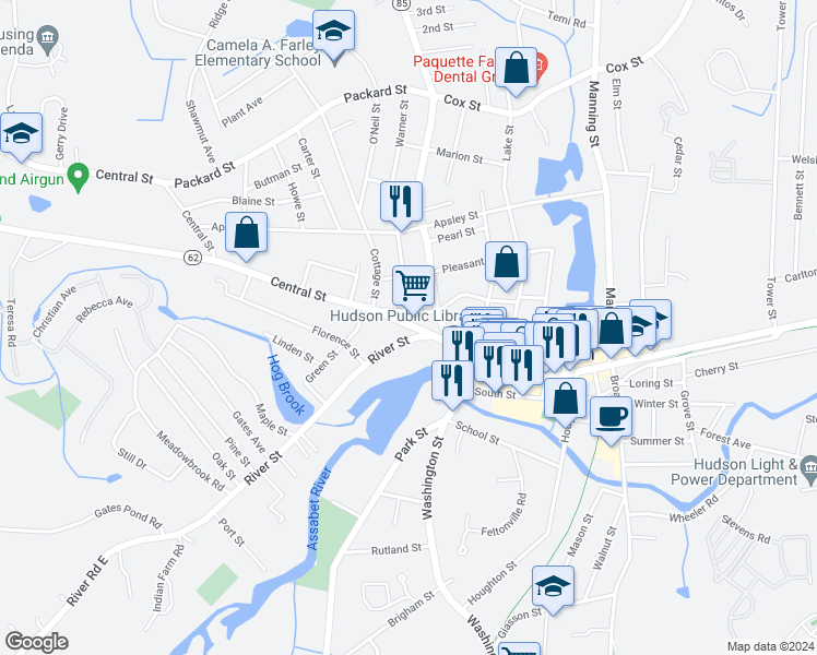 map of restaurants, bars, coffee shops, grocery stores, and more near 18 Central Street in Hudson