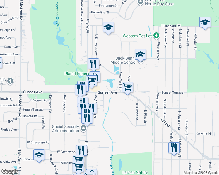 map of restaurants, bars, coffee shops, grocery stores, and more near 1600 Sunset Avenue in Waukegan