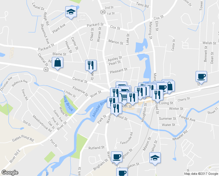 map of restaurants, bars, coffee shops, grocery stores, and more near 6 Lincoln Street in Hudson