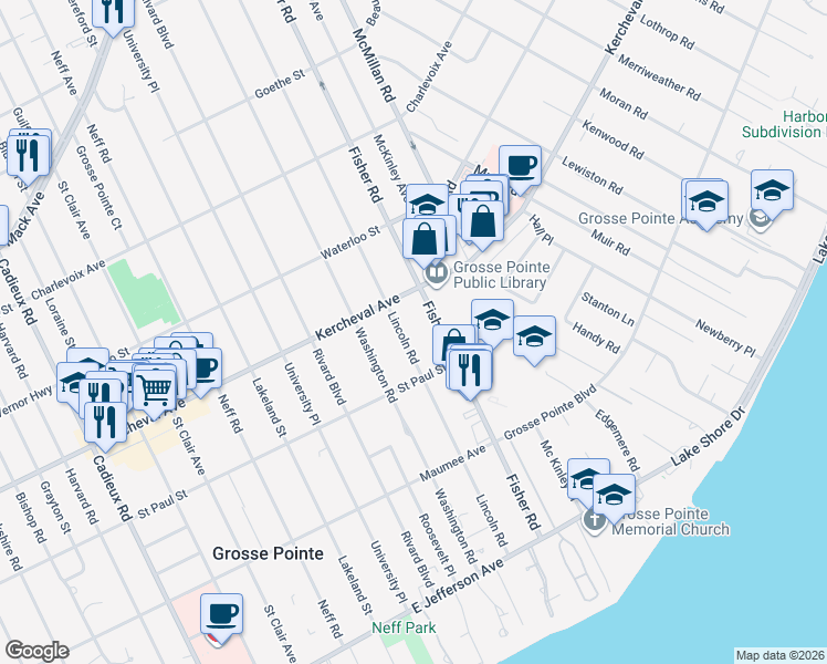 map of restaurants, bars, coffee shops, grocery stores, and more near 502 Lincoln Road in Grosse Pointe
