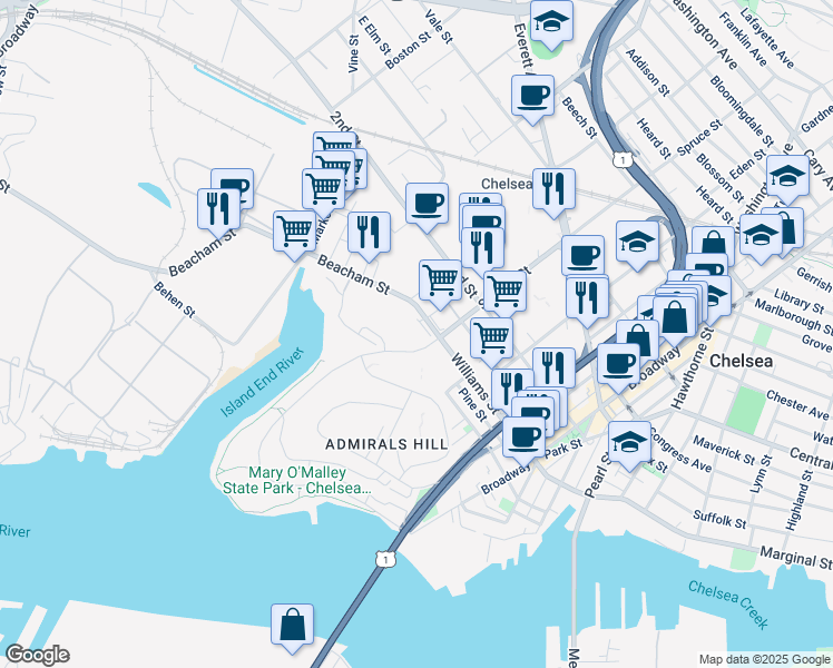 map of restaurants, bars, coffee shops, grocery stores, and more near 100 Justin Drive in Chelsea