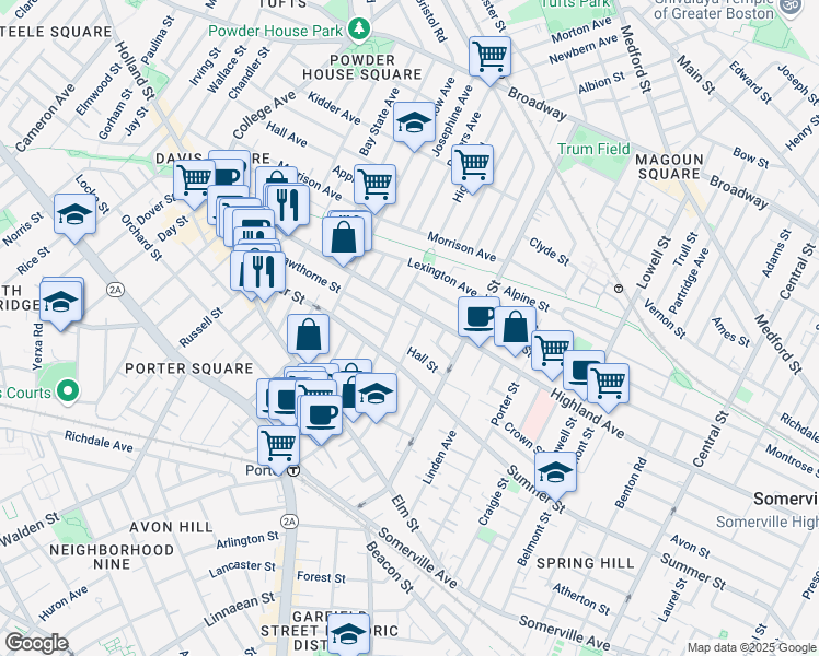 map of restaurants, bars, coffee shops, grocery stores, and more near 322 Highland Avenue in Somerville