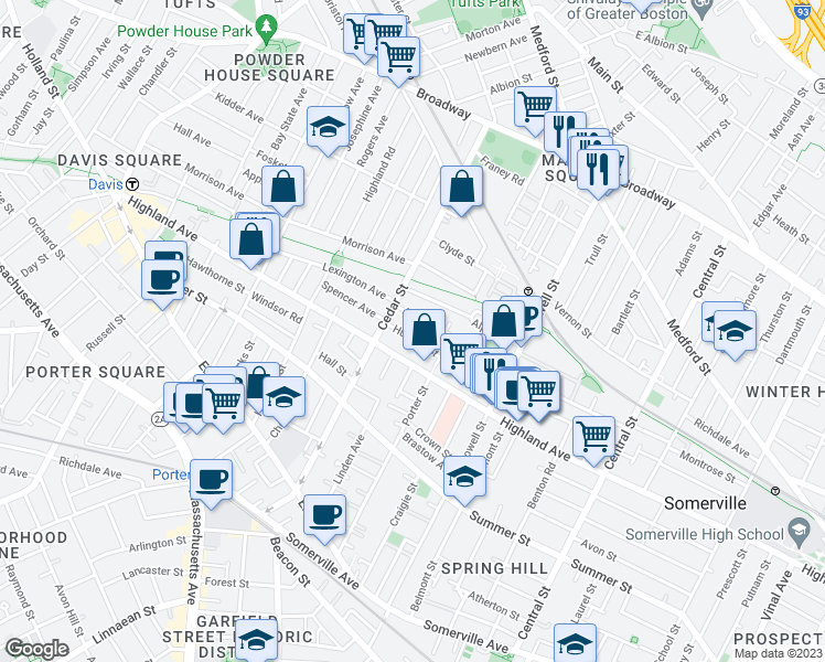 map of restaurants, bars, coffee shops, grocery stores, and more near 163 Hudson Street in Somerville