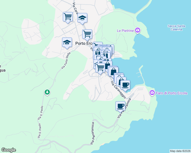 map of restaurants, bars, coffee shops, grocery stores, and more near 31 Via delle Buche in Porto Ercole