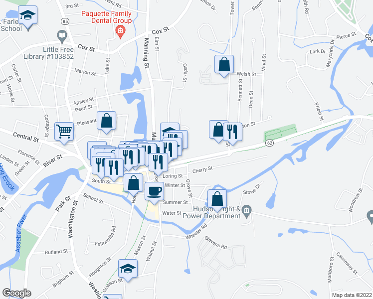 map of restaurants, bars, coffee shops, grocery stores, and more near 17 High Street in Hudson