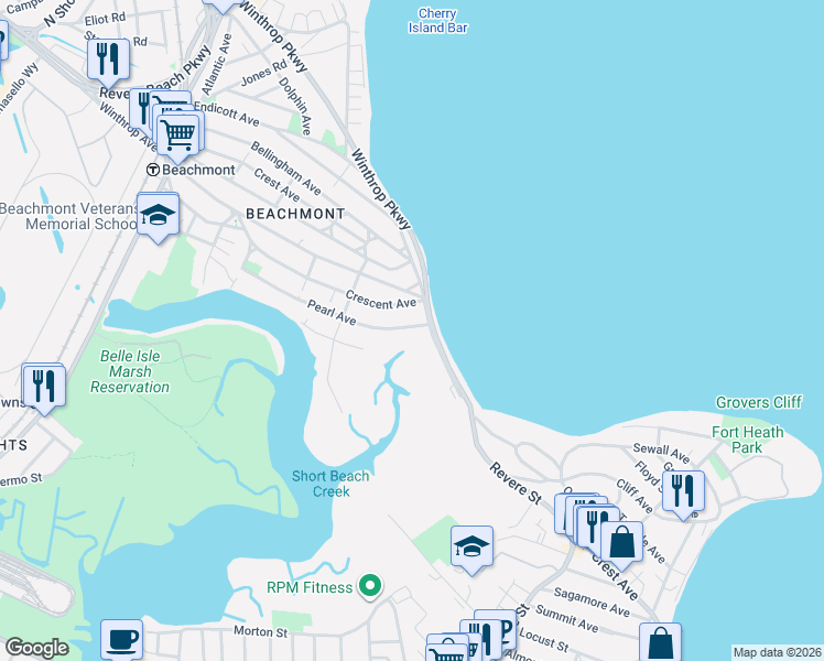 map of restaurants, bars, coffee shops, grocery stores, and more near 12 Pearl Avenue in Revere
