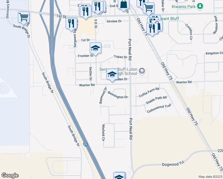 map of restaurants, bars, coffee shops, grocery stores, and more near Warrior Rd in Sergeant Bluff