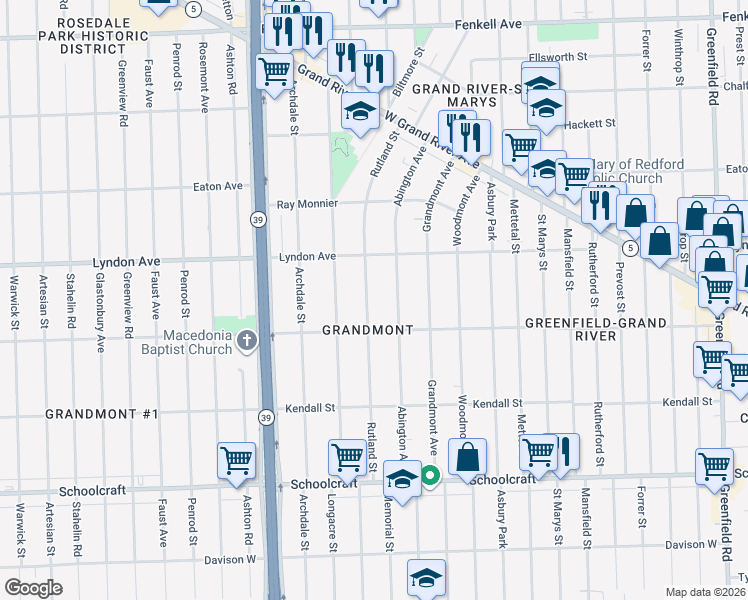 map of restaurants, bars, coffee shops, grocery stores, and more near 14389 Abington Avenue in Detroit
