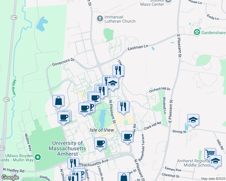 map of restaurants, bars, coffee shops, grocery stores, and more near 661 North Pleasant Street in Amherst