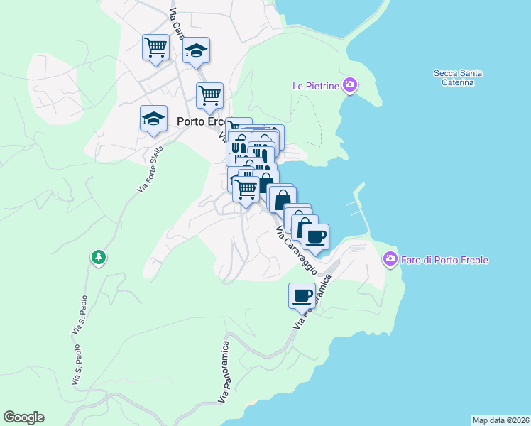map of restaurants, bars, coffee shops, grocery stores, and more near 22 Lungomare Andrea Doria in Porto Ercole