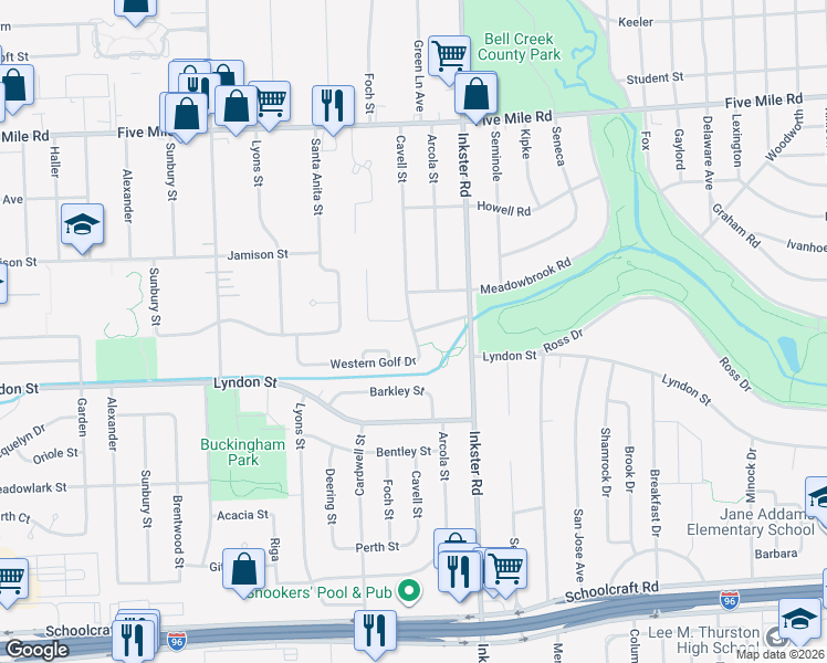 map of restaurants, bars, coffee shops, grocery stores, and more near Oakley Street & Western Golf Drive in Livonia
