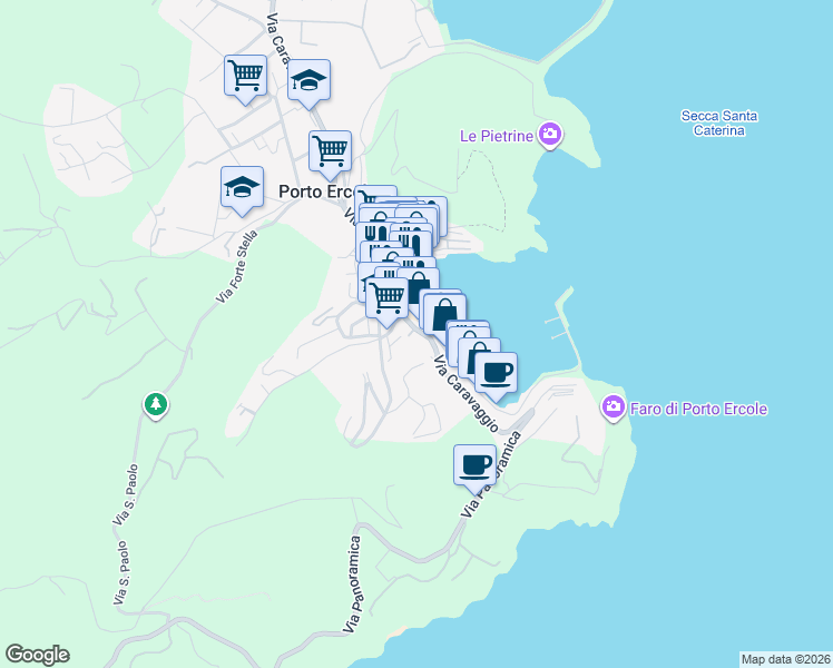 map of restaurants, bars, coffee shops, grocery stores, and more near 22 Lungomare Andrea Doria in Porto Ercole