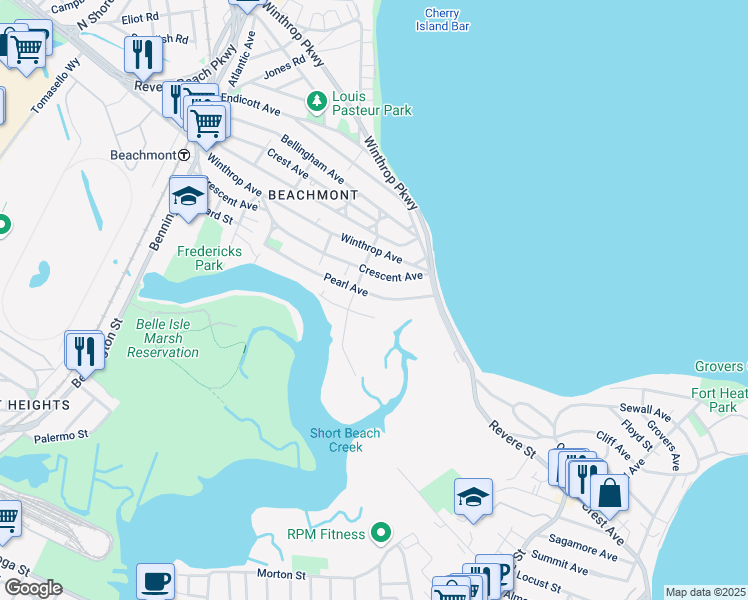 map of restaurants, bars, coffee shops, grocery stores, and more near 81 Pearl Avenue in Revere